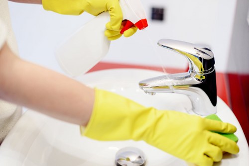 Domestic cleaning tools and tidy kitchen surfaces in an Edgware home